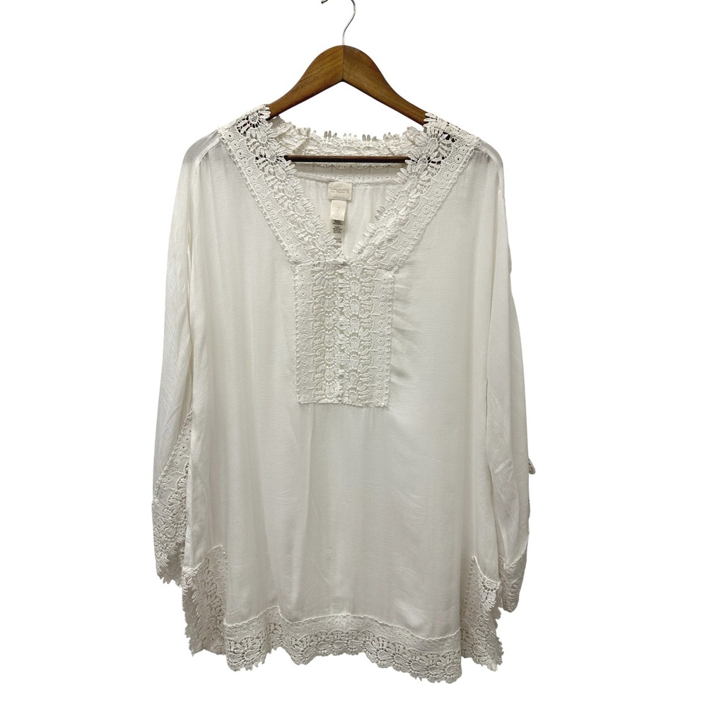 Chico's Crochet‎ Trim Boho Tunic Top White 2